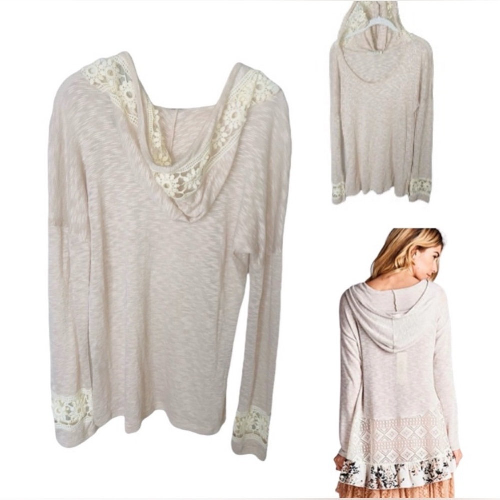 Precious pullover in Oatmeal w/Crochet details on sleeves & hood